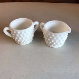 Vintage Fenton Hobnail Milk Glass Individual Tea Service Creamer + Sugar Set